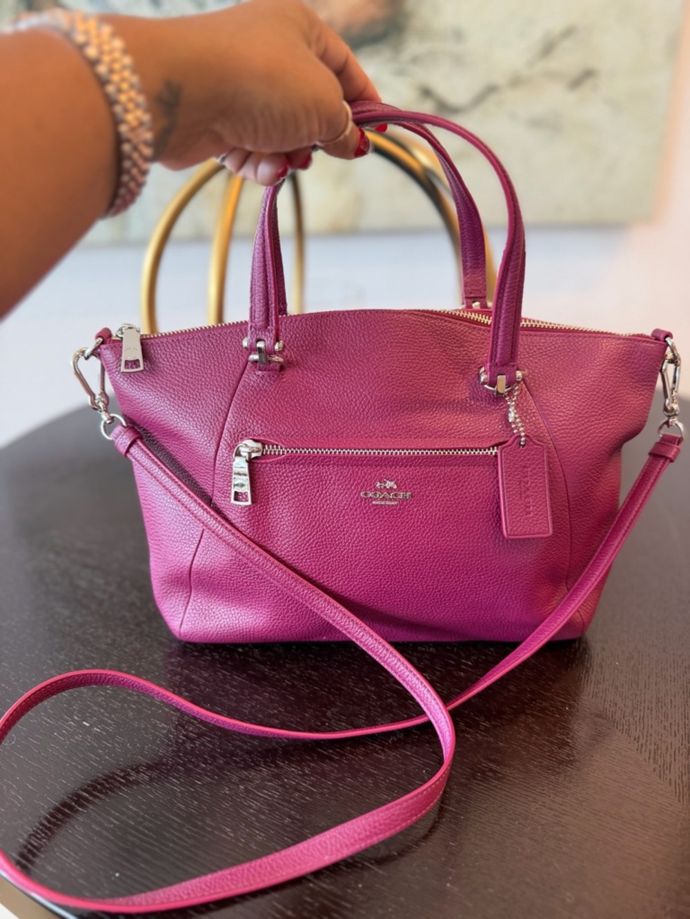 Coach Pink Pebbled Leather Prairie Satchel with Crossbody Strap